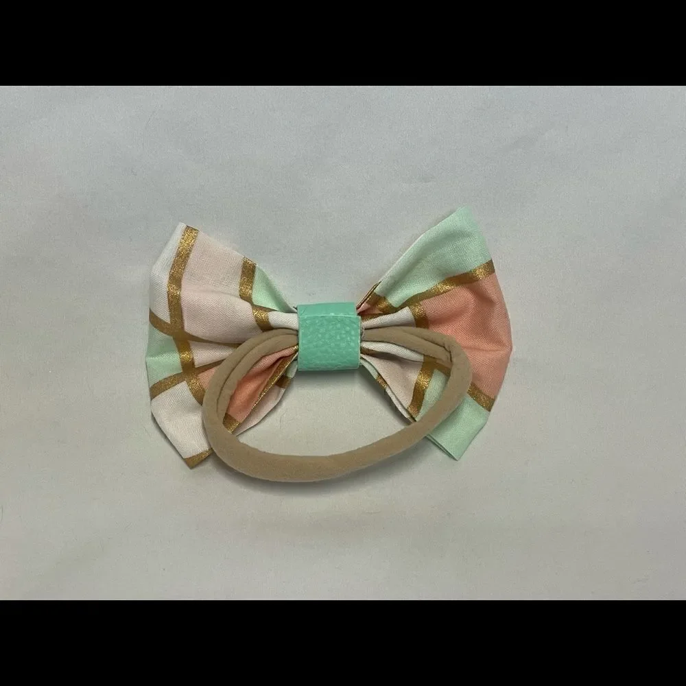 Handmade Geometric teal, pink and gold Bow